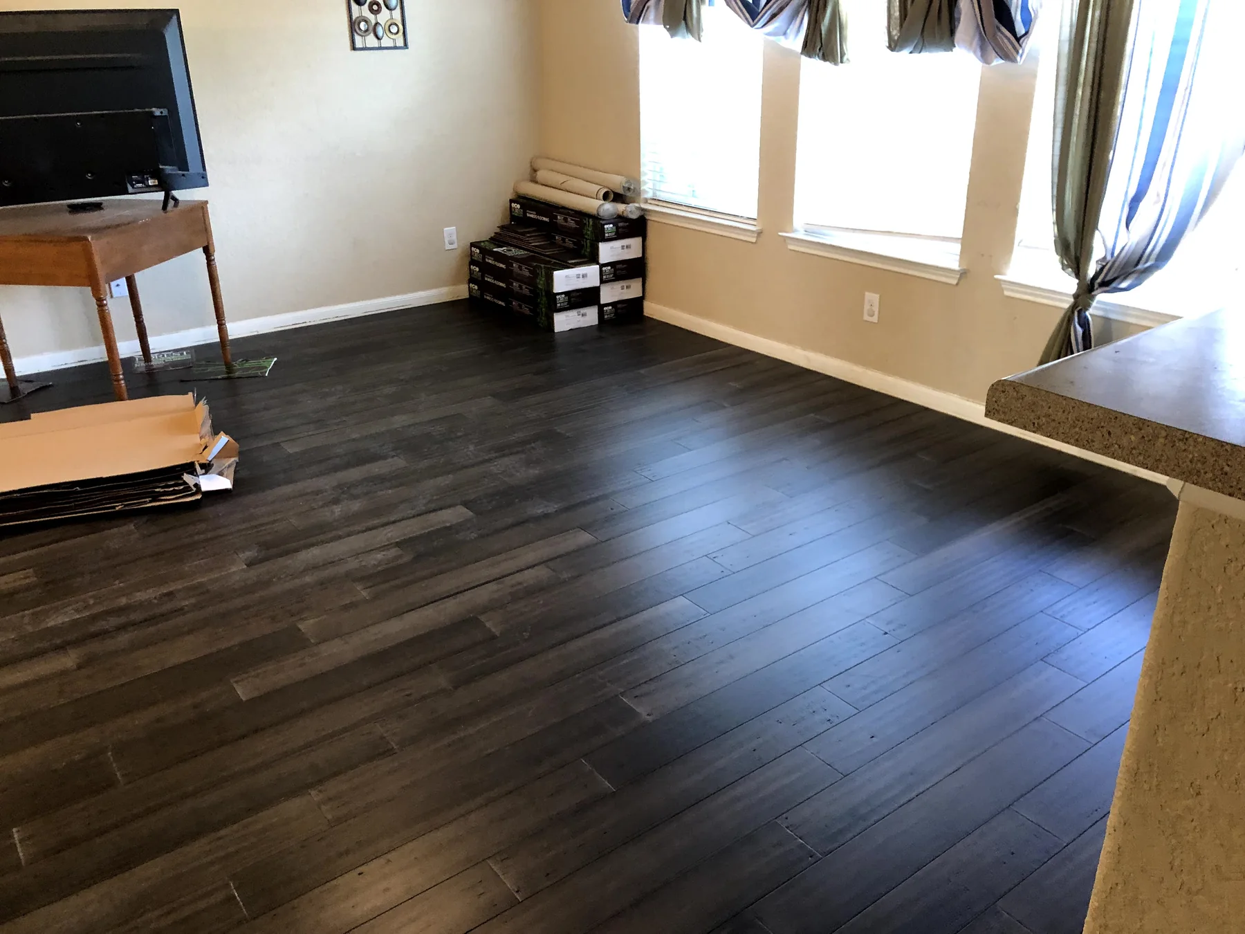 Residential bamboo flooring installation.